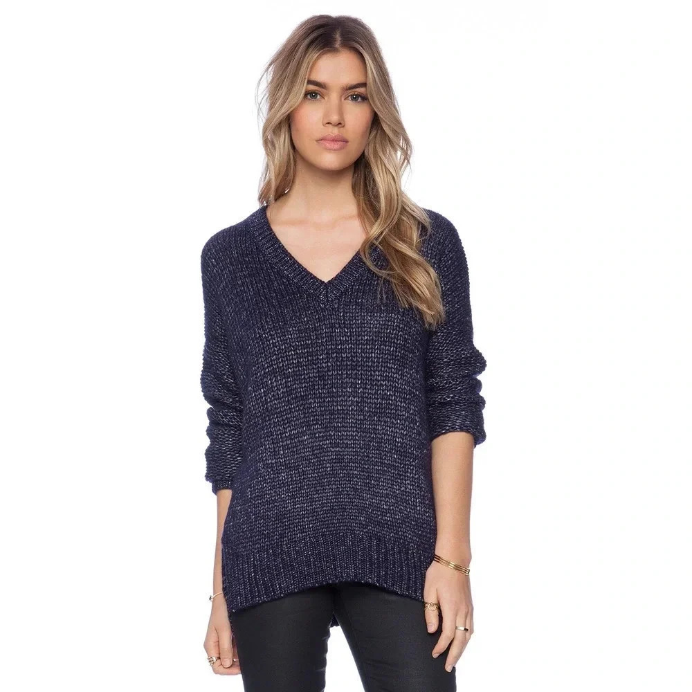 Vince Metallic Textured V-Neck Sweater Navy Size S